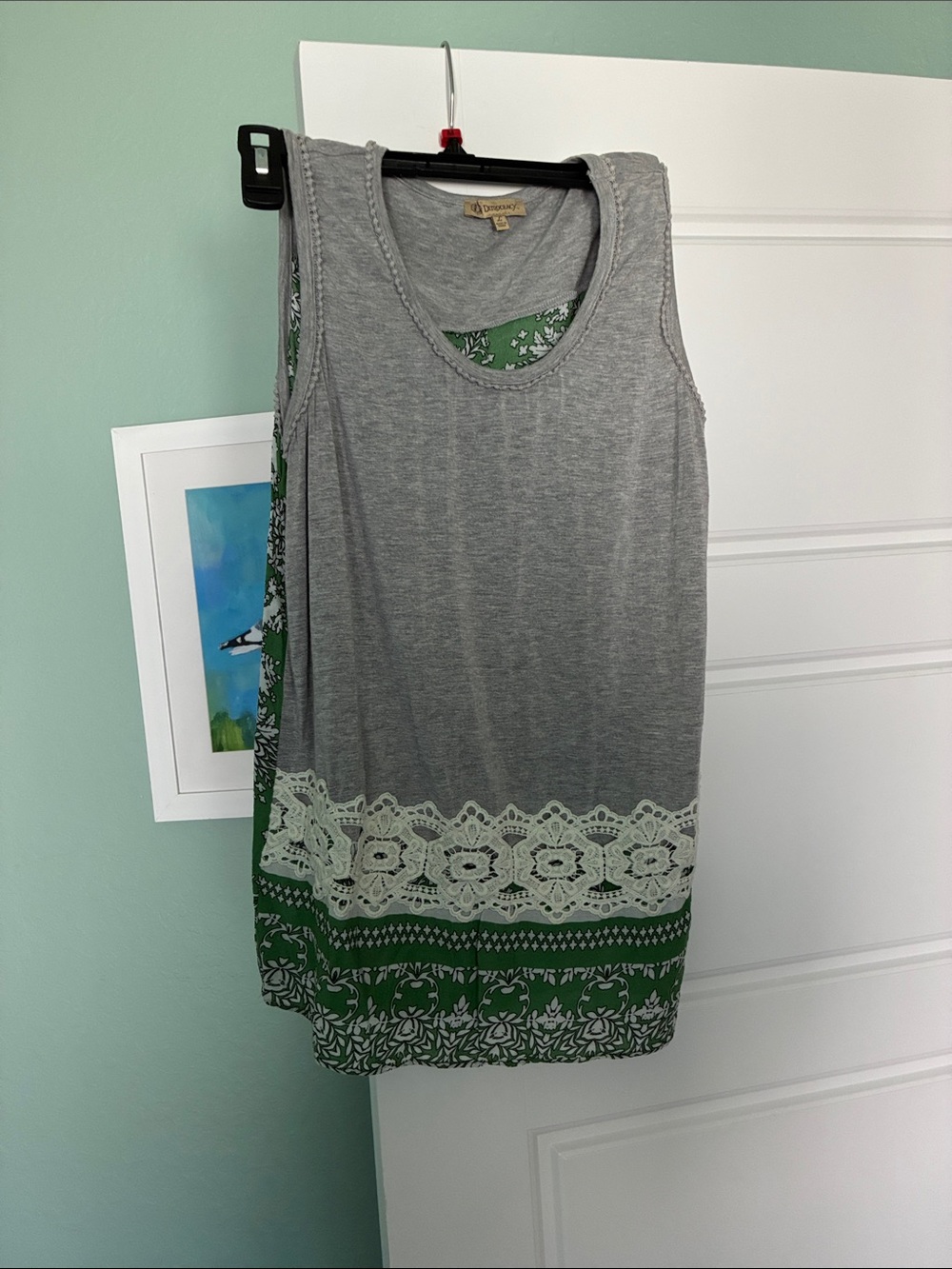 Democracy Grey Front with Green Floral-Trim Tank